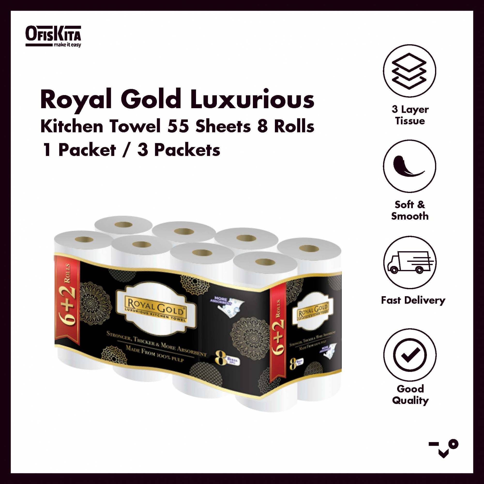 Ofiskita Royal Gold Luxurious Kitchen Towel 55 Sheets 8 Rolls 1 Packet / 3 Packets